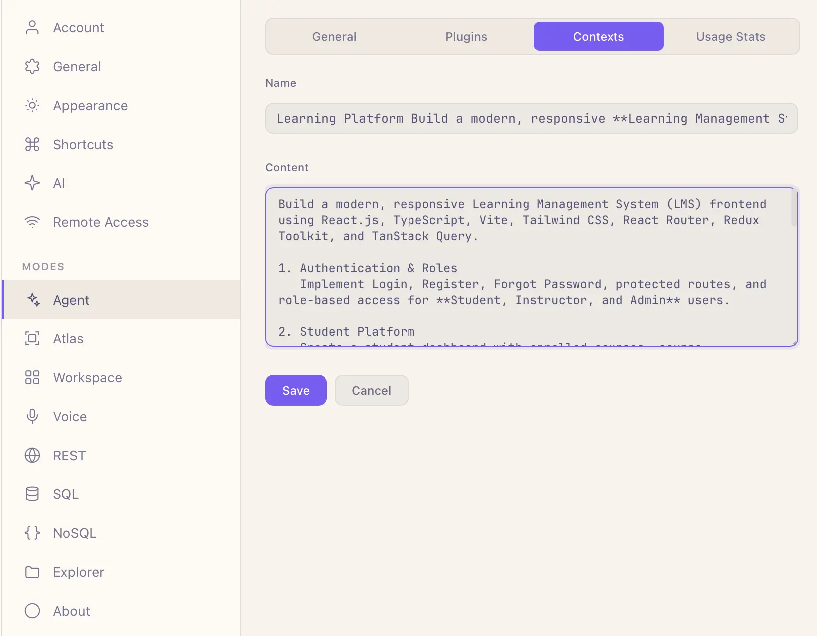 Agent Contexts — create notes to reuse in sessions