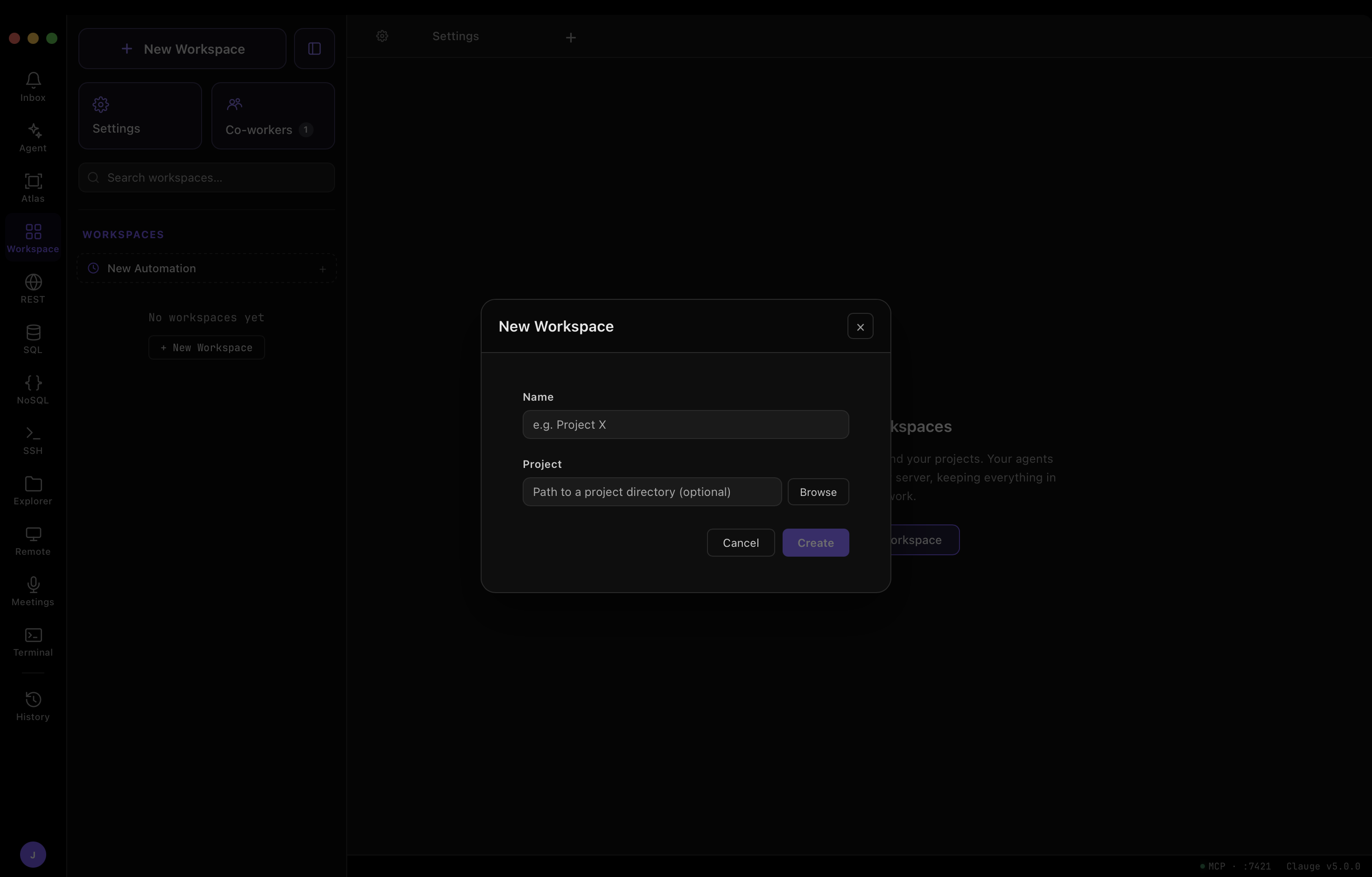New project dialog — group, folder, and name